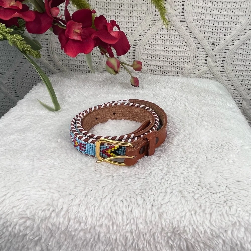 Brown Leather‎ Beaded Aztec Design Belt